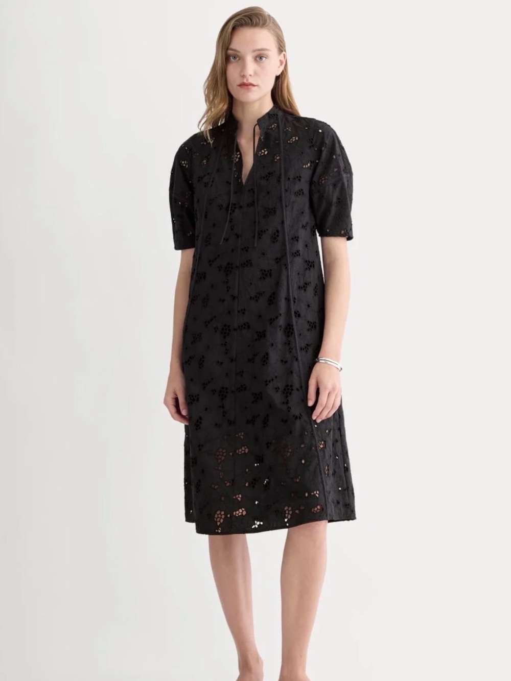 Everlane Black Eyelet Midi Dress with Tie Neck